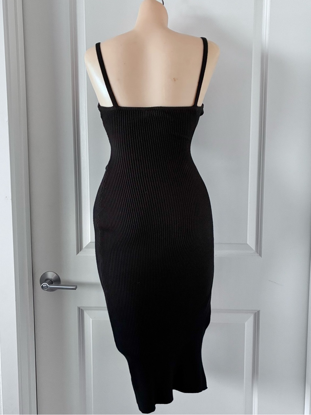 Windsor Black Ribbed Knit Midi Dress High Slit Bodycon Spaghetti Strap S - Picture 3 of 5